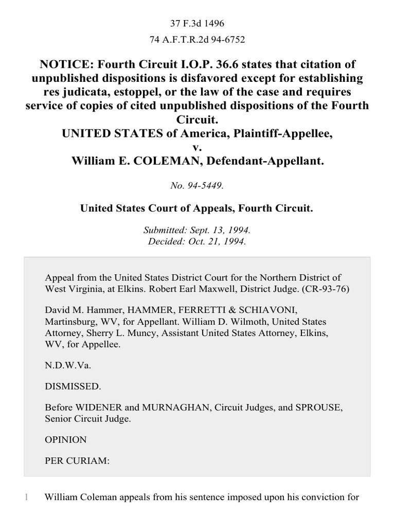 United States v. William E. Coleman, 37 F.3d 1496, 4th Cir