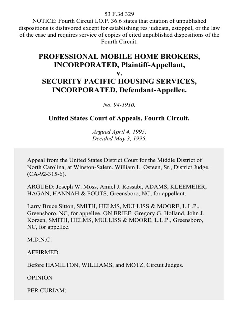 Professional Mobile Home Brokers, Incorporated v. Security Pacific Housing Services