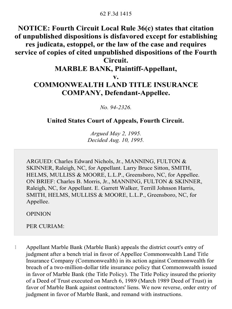 Marble Bank v. Commonwealth Land Title Insurance Company, 62 F.3d 1415, 4th Cir. (1995 ...