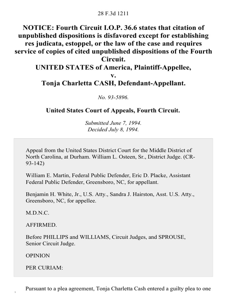 United States V Tonja Charletta Cash 28 F 3d 1211 4th Cir 1994