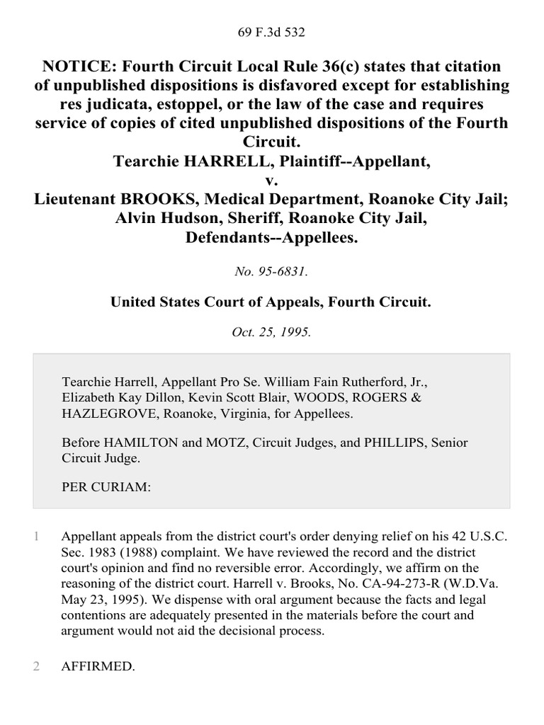 Tearchie Harrell v. Lieutenant Brooks, Medical Department, Roanoke City