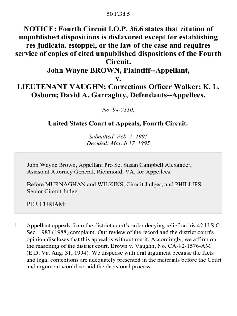 John wayne brown v lieutenant vaughn corrections officer walker k l