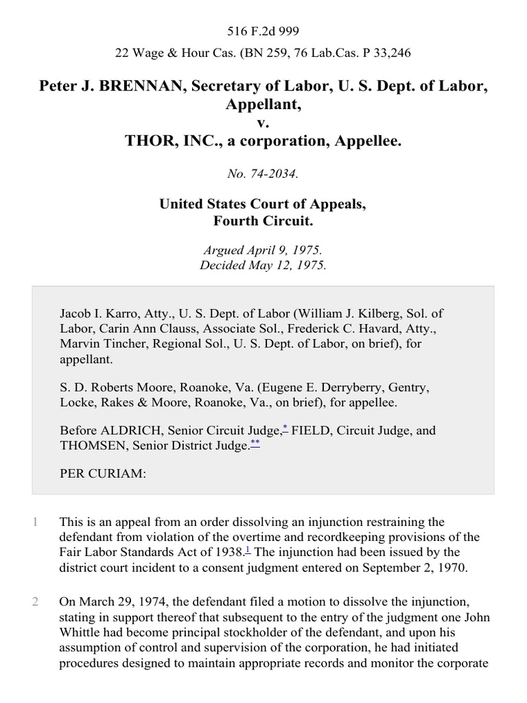 Peter J. Brennan, Secretary of Labor, U. S. Dept. of Labor v. Thor, Inc