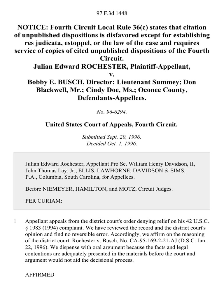 Julian Edward Rochester v. Bobby E. Busch, Director Lieutenant Summey ...