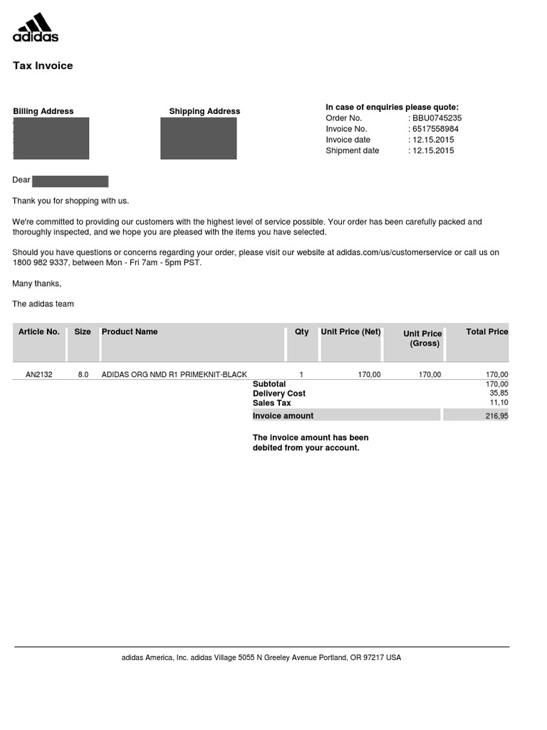 Adidas Tax Invoice for Order BBU0745235 | PDF | Finance & Money ...