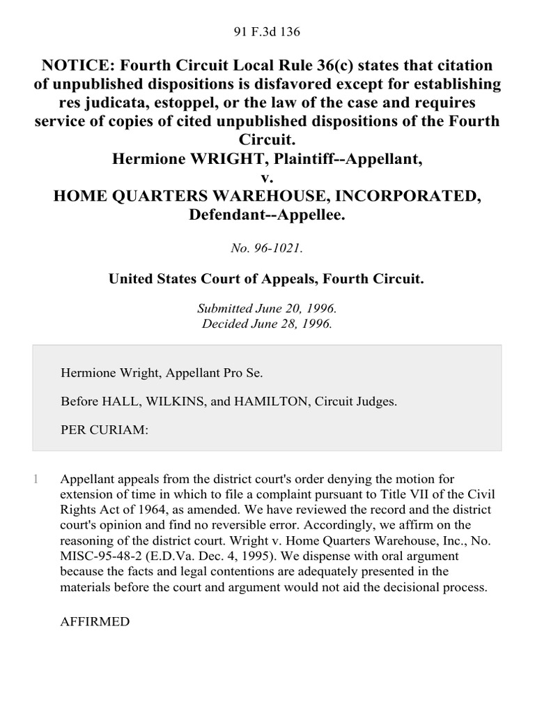 Hermione Wright v. Home Quarters Warehouse, Incorporated, 91 F.3d 136