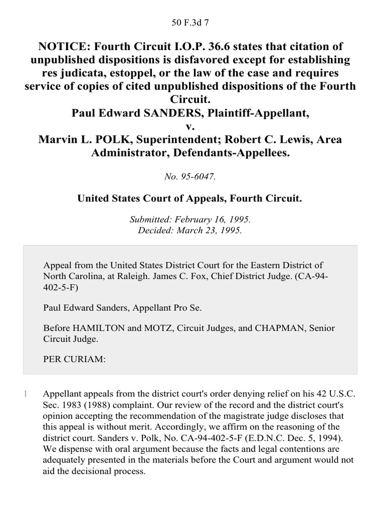 Paul Edward Sanders v. Marvin L. Polk, Superintendent Robert C. Lewis