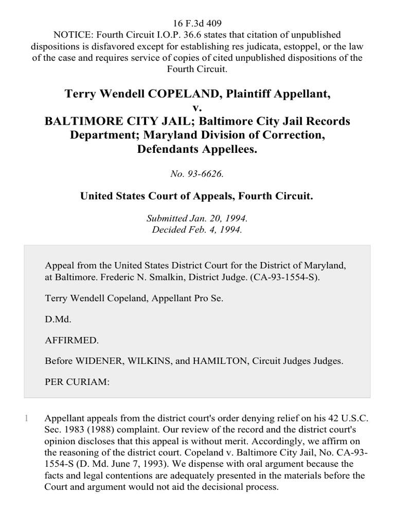 Terry Wendell Copeland v. Baltimore City Jail Baltimore City Jail
