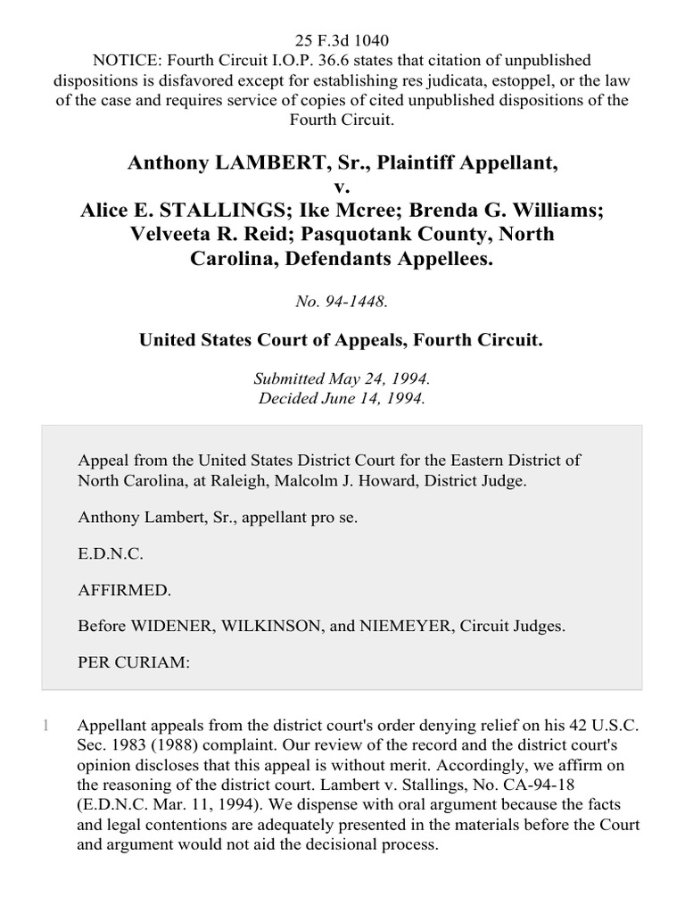 Anthony Lambert Sr V Alice E Stallings Ike McRee Brenda G Williams 