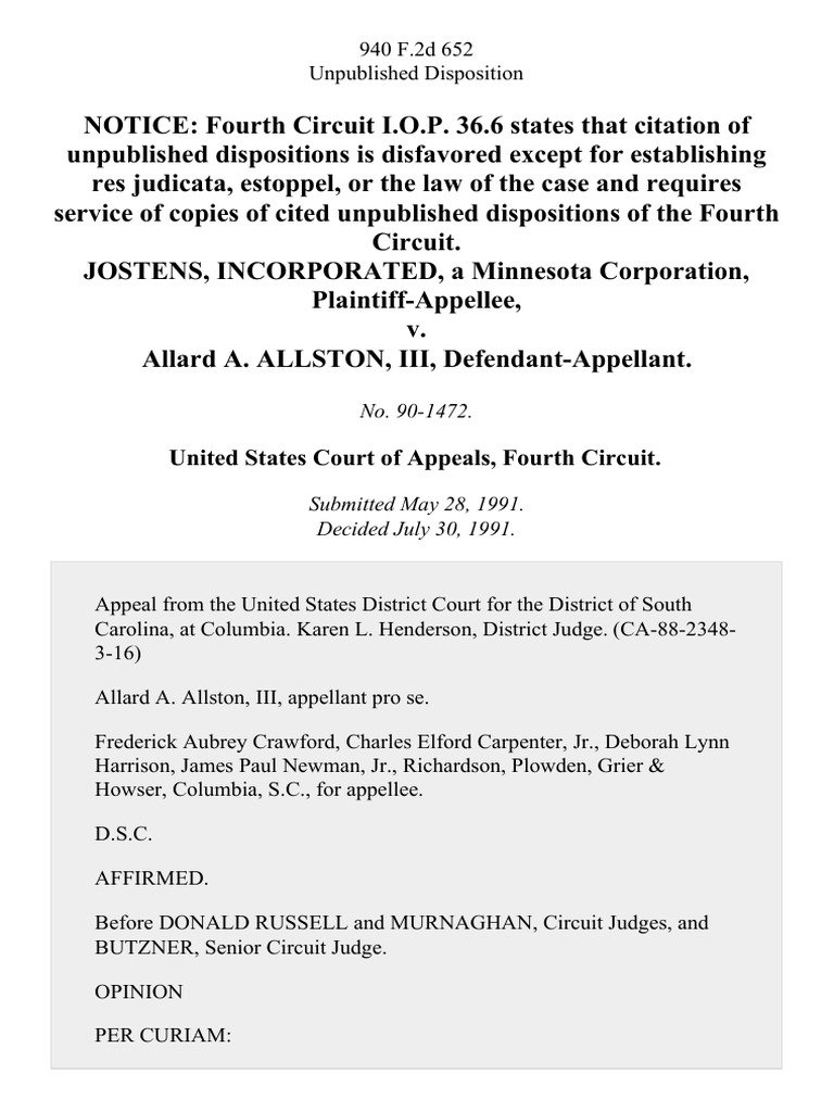 Jostens, Incorporated, A Minnesota Corporation v. Allard A. Allston