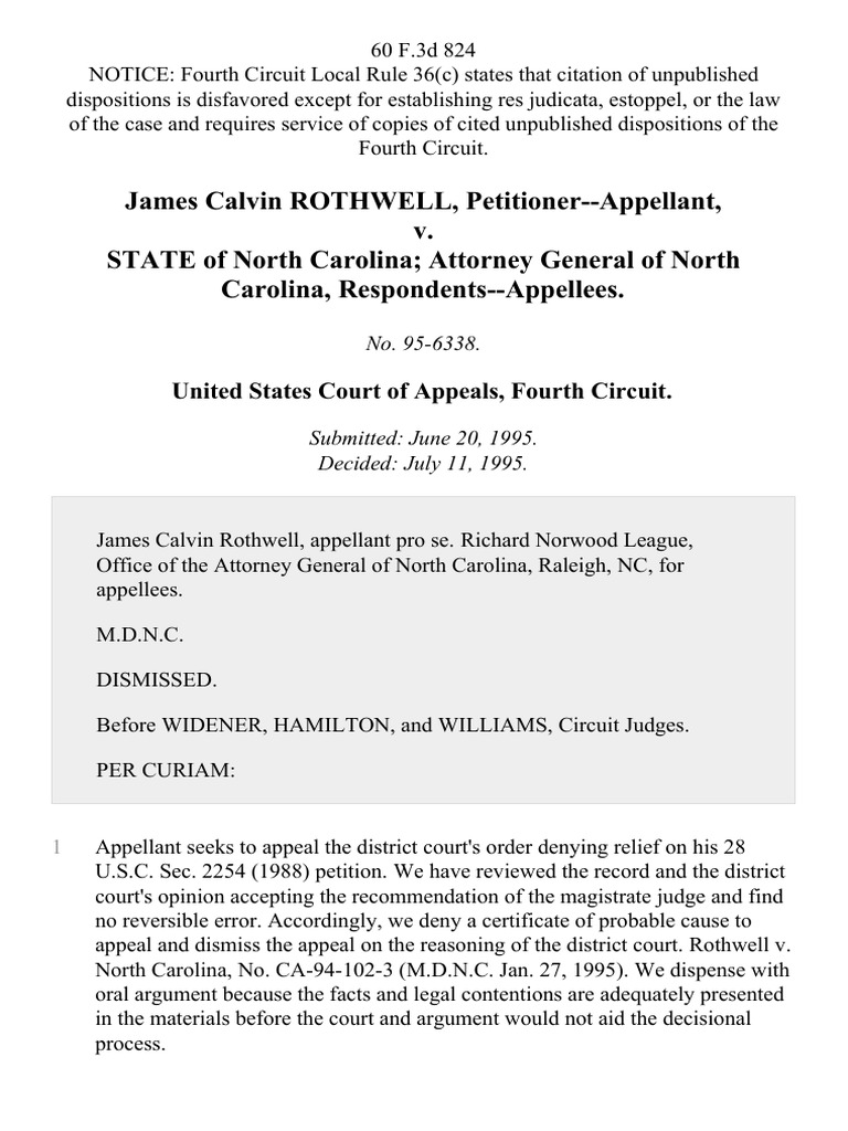 James Calvin Rothwell v. State of North Carolina Attorney General of ...