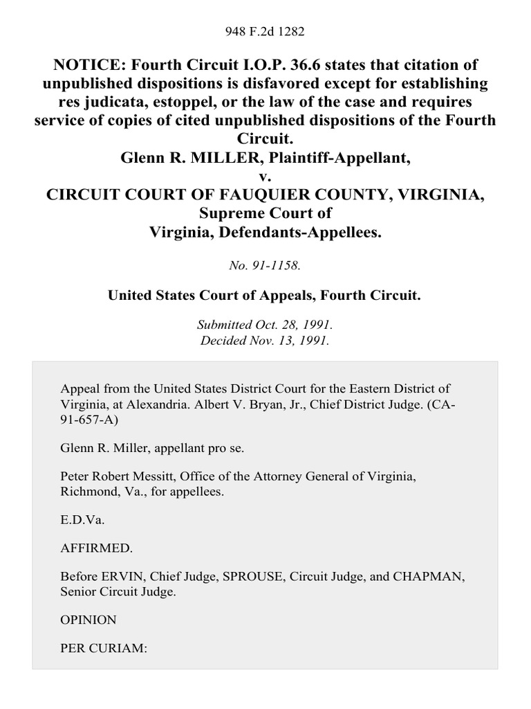 Glenn R Miller v Circuit Court of Fauquier County Virginia Supreme