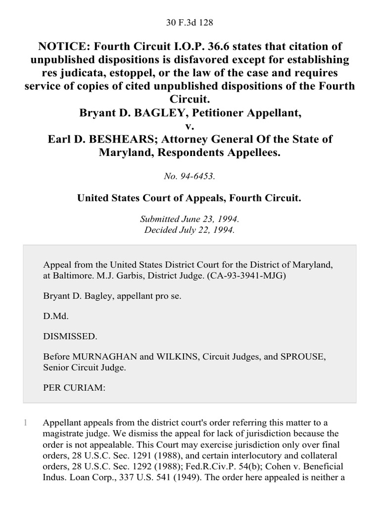 Bryant D. Bagley v. Earl D. Beshears Attorney General of The State of