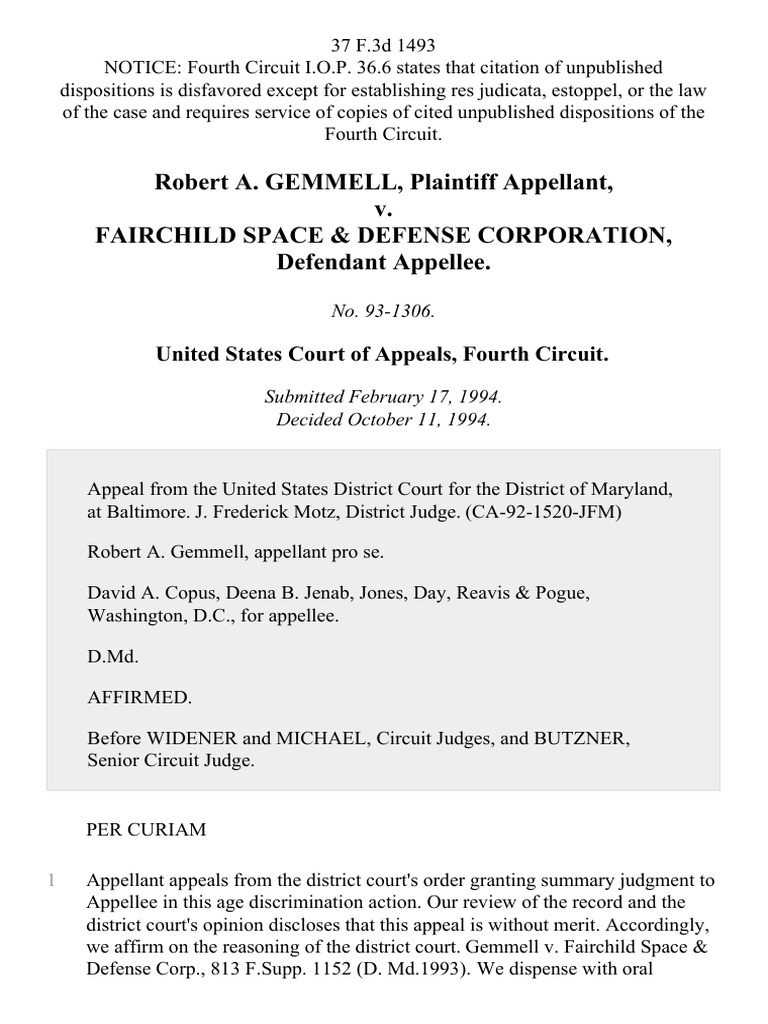Robert A. Gemmell v. Fairchild Space & Defense Corporation, 37 F.3d