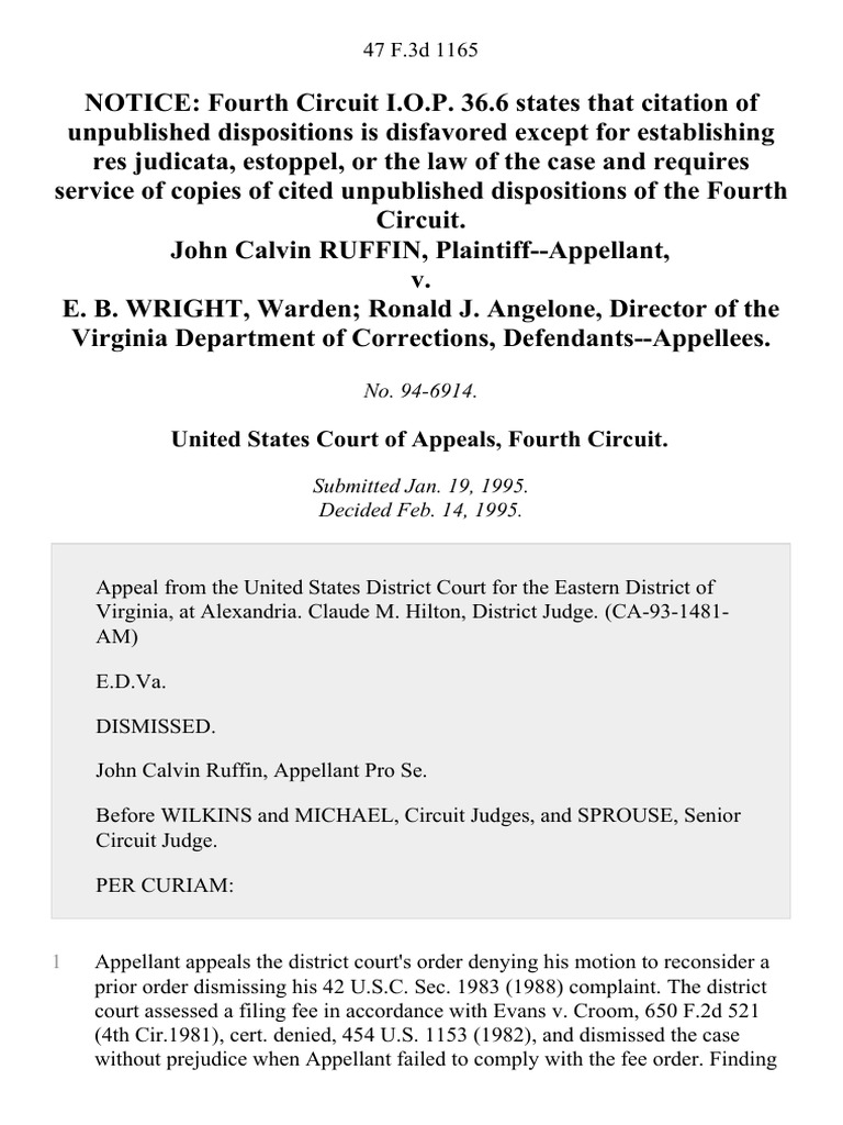 Fourth Circuit Dismisses Ruffin Appeal | PDF | Social Science
