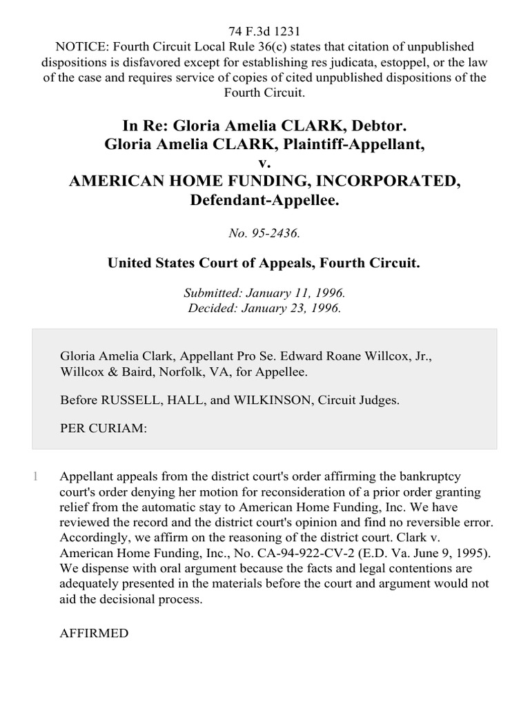 In Re: Gloria Amelia Clark, Debtor. Gloria Amelia Clark v. American ...