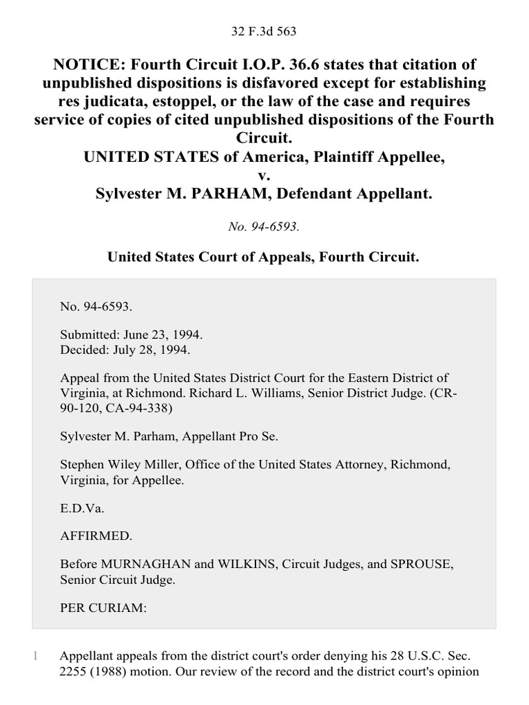United States v. Sylvester M. Parham, 32 F.3d 563, 4th Cir. (1994) | PDF