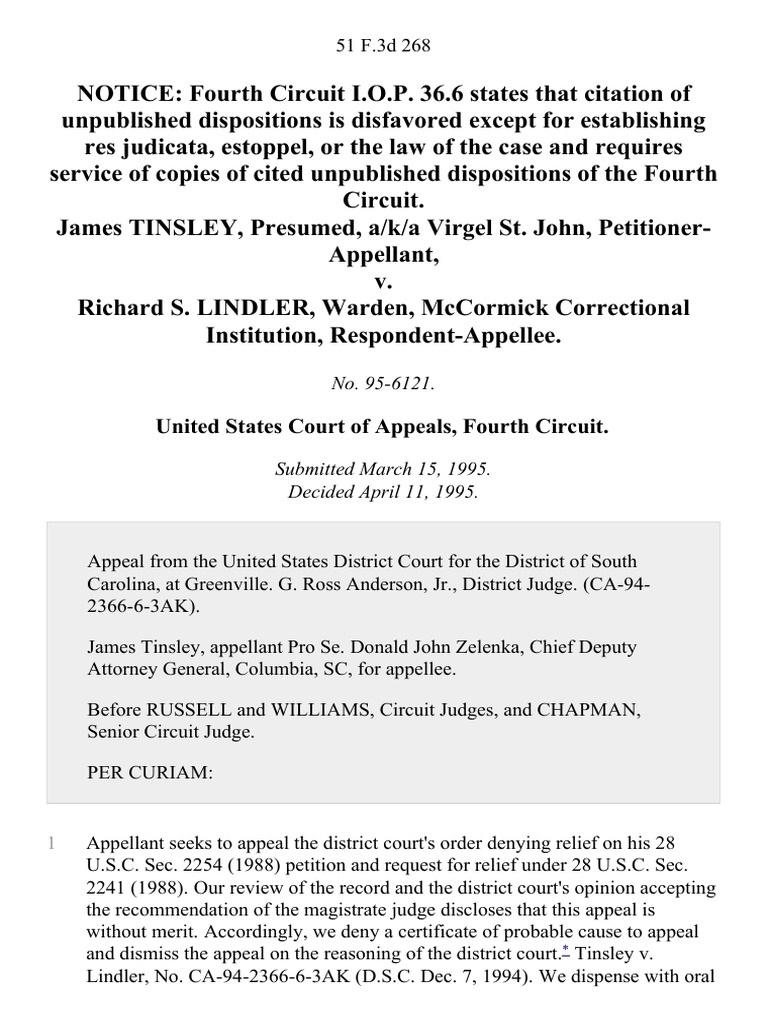 James Tinsley, Presumed, A/K/A Virgel St. John v. Richard S. Lindler