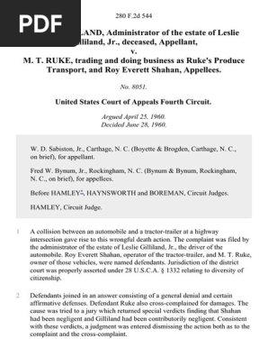 Leslie Gilliland, Administrator of the Estate of Leslie Gilliland, Jr., Deceased v. M. T. Ruke, Trading and Doing Business as Ruke's Produce Transport, and Roy Everett Shahan, 280 F.2d 544, 4th Cir. (1960)