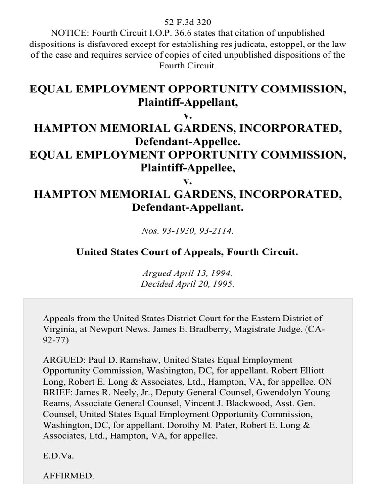 Equal Employment Opportunity Commission V Hampton Memorial