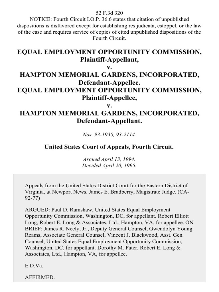 Equal Employment Opportunity Commission V Hampton Memorial