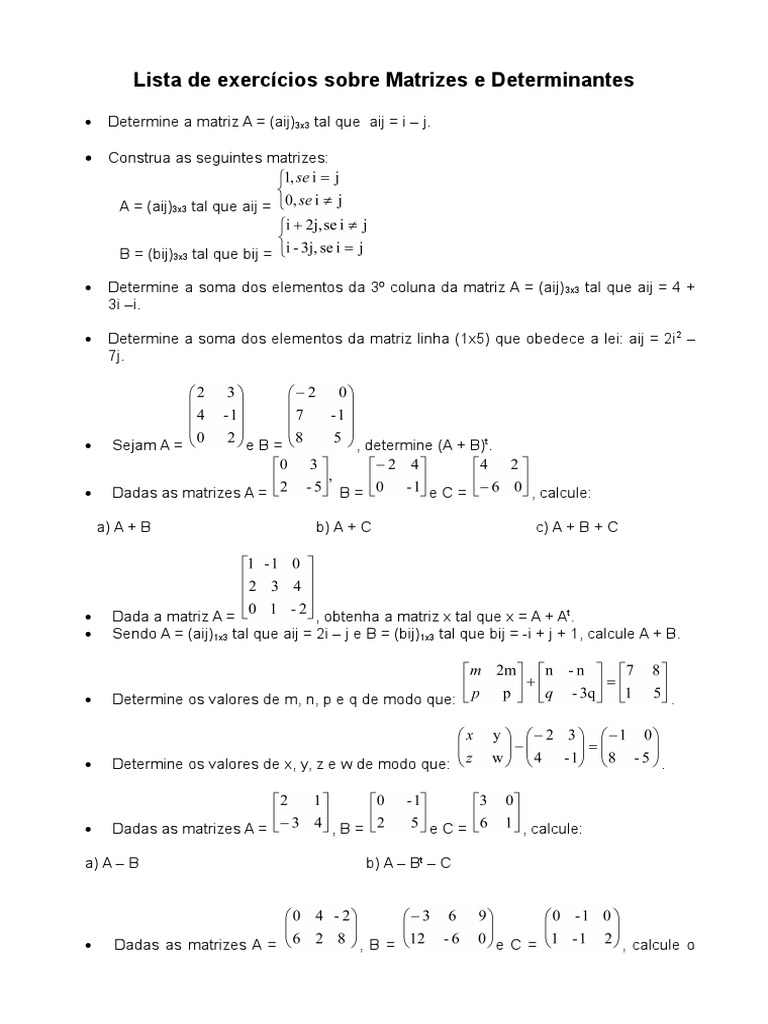 Lista De Exercicios Sobre Matrizes E Determinantes