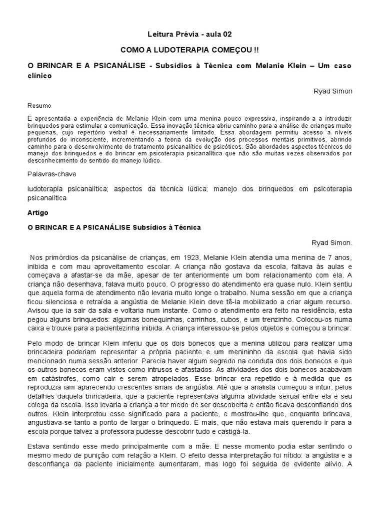 MELANIE KLEIN. LUDOTERAPIA 10p PDF, PDF, Ludoterapia