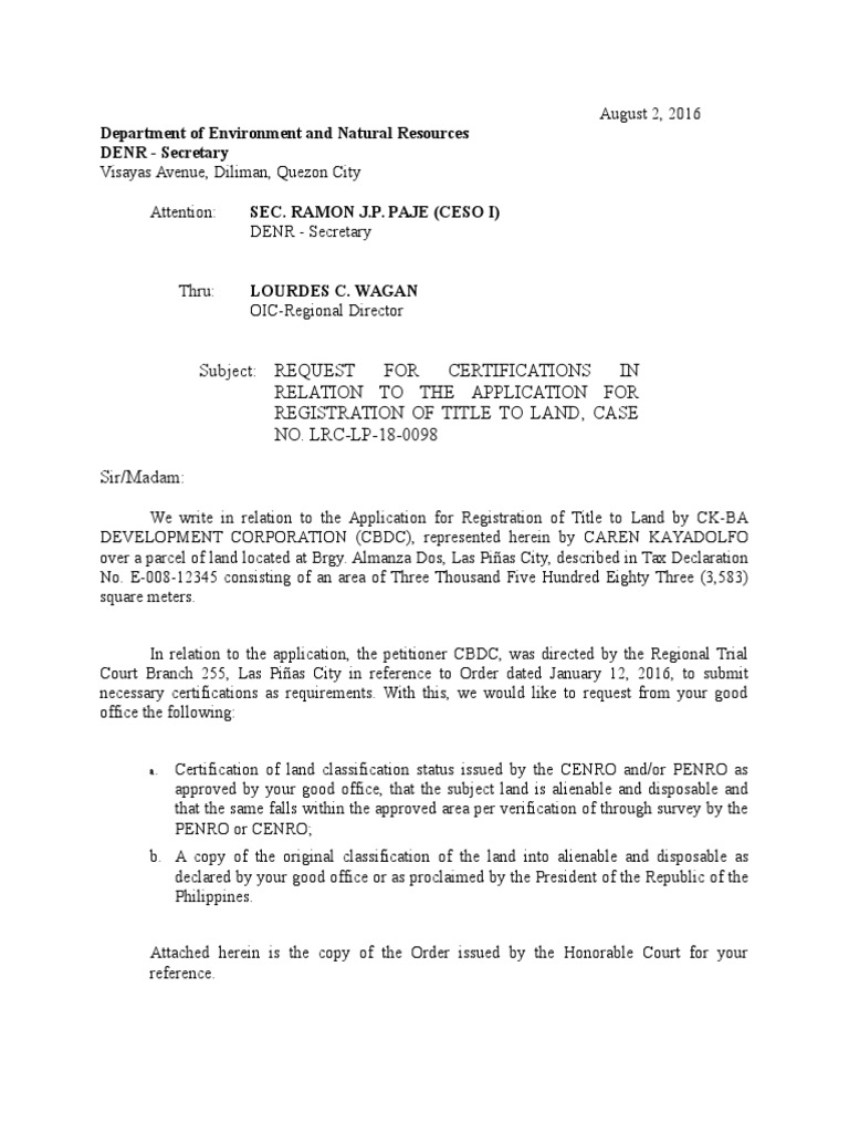 Multi Letter to DENR Secretary Basilio Certifications