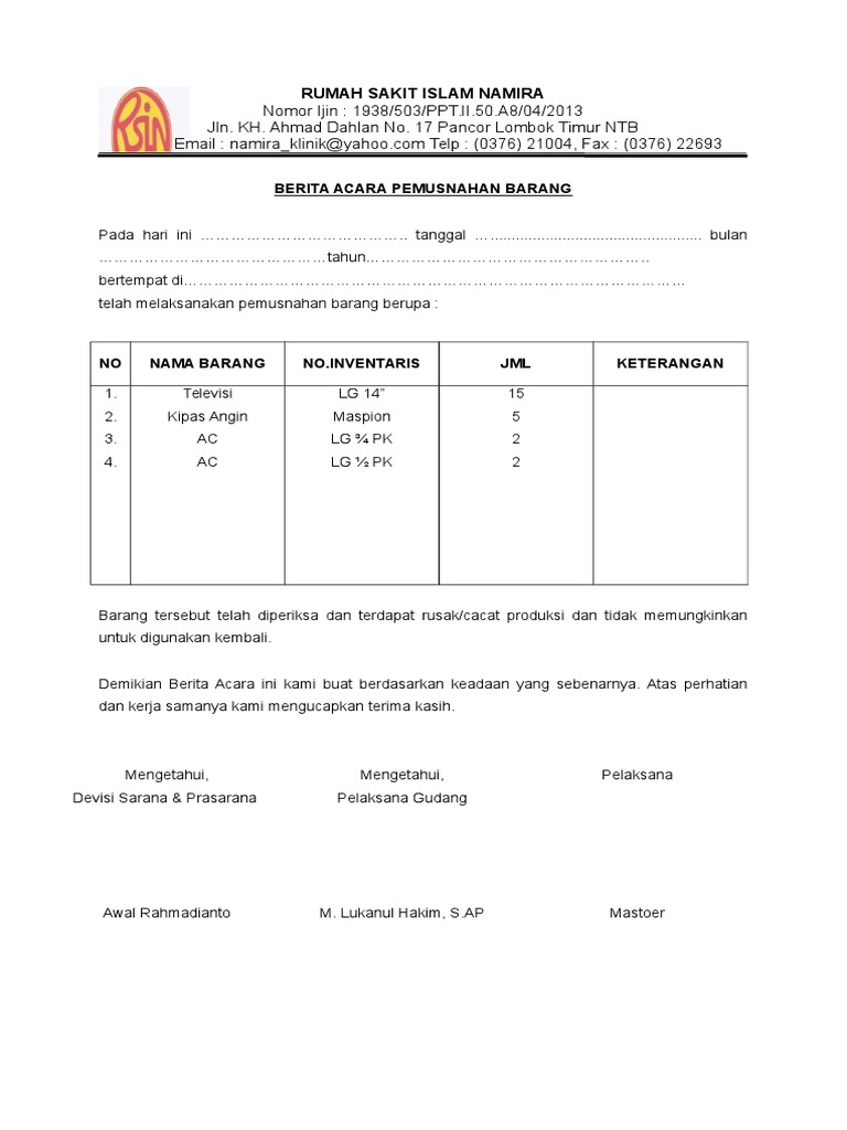 Berita Acara Pemusnahan Barang
