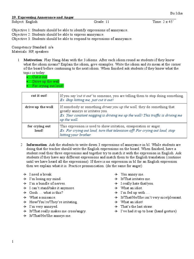 Expressing Anger And Annoyance Pdf Idiom Anger