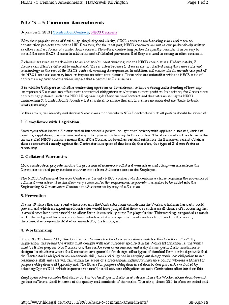 Key NEC3 Z Clause Amendments Explained | PDF | Breach Of Contract ...