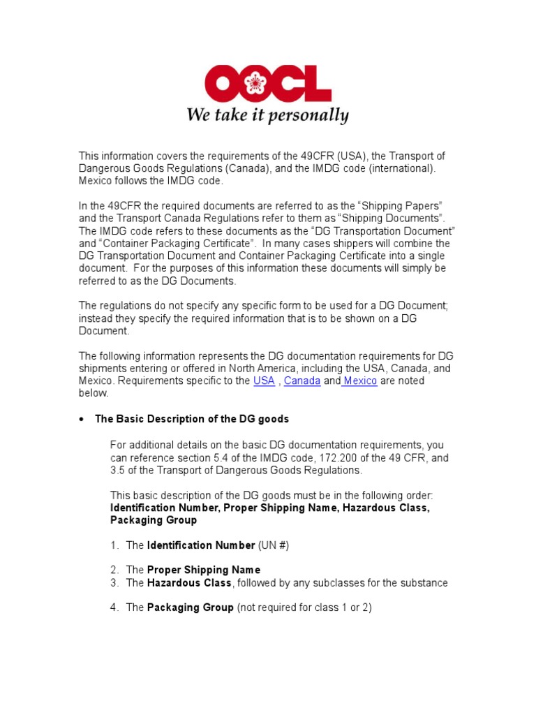DG Document Requirements Reference Sheet | PDF | Dangerous Goods ...