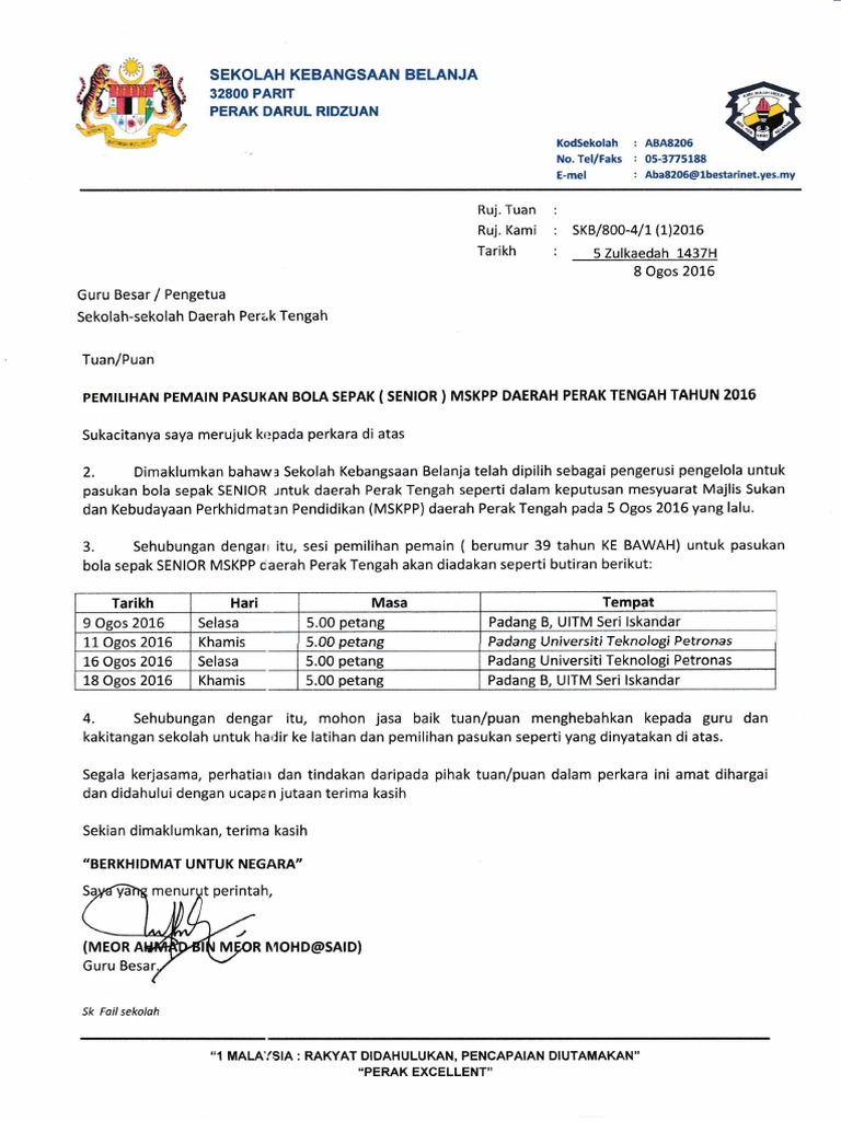 Surat Kepada Yang Berkenaan Mengenai Makluman Latihan Bola Sepak