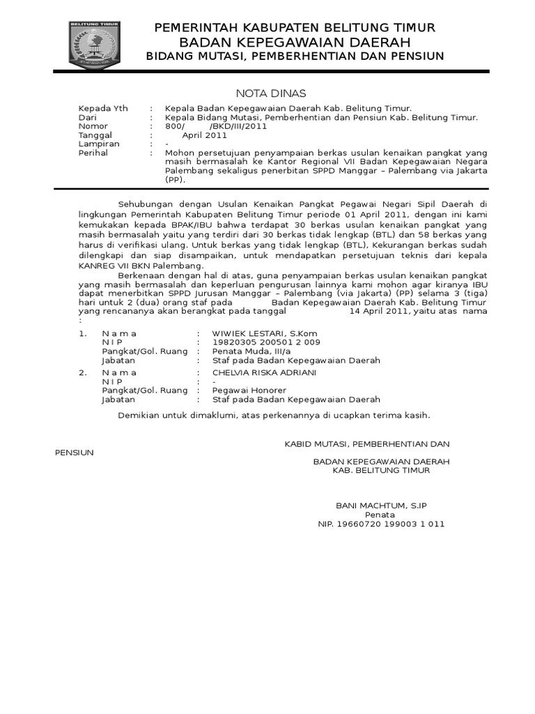Nota Dinas Untuk Keluar Daerah Kepalembang