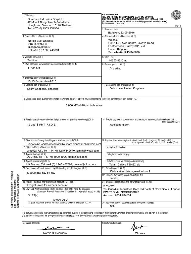 Ejemplo de póliza de fletamento GENCON94 Tribunal arbitral Arbitraje