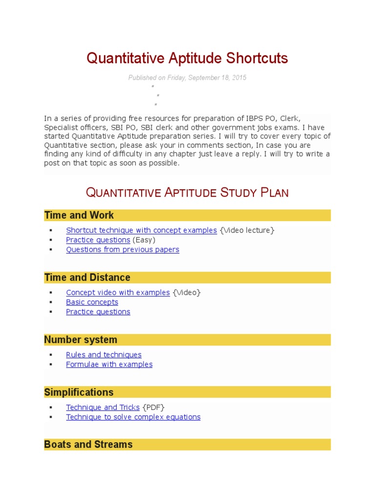 Quantitative Aptitude Shortcuts Guide | PDF | Speed | Train