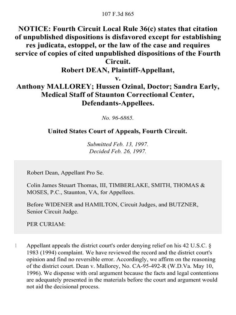 Robert Dean v. Anthony Mallorey Hussen Ozinal, Doctor Sandra Early