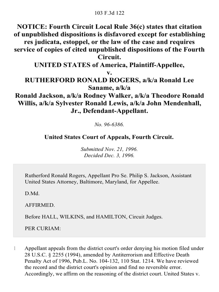 United States v. Rutherford Ronald Rogers, A/K/A Ronald Lee Saname, A/K ...