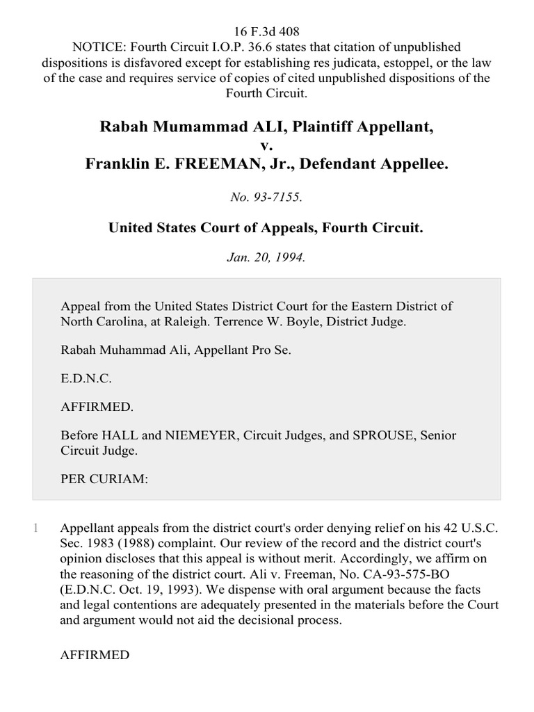 Rabah Mumammad Ali v. Franklin E. Freeman, JR., 16 F.3d 408, 4th Cir ...