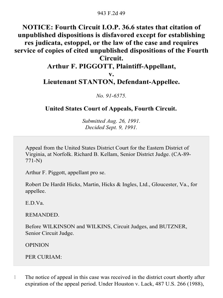 Arthur F. Piggott v. Lieutenant Stanton, 943 F.2d 49, 4th Cir. (1991) | PDF