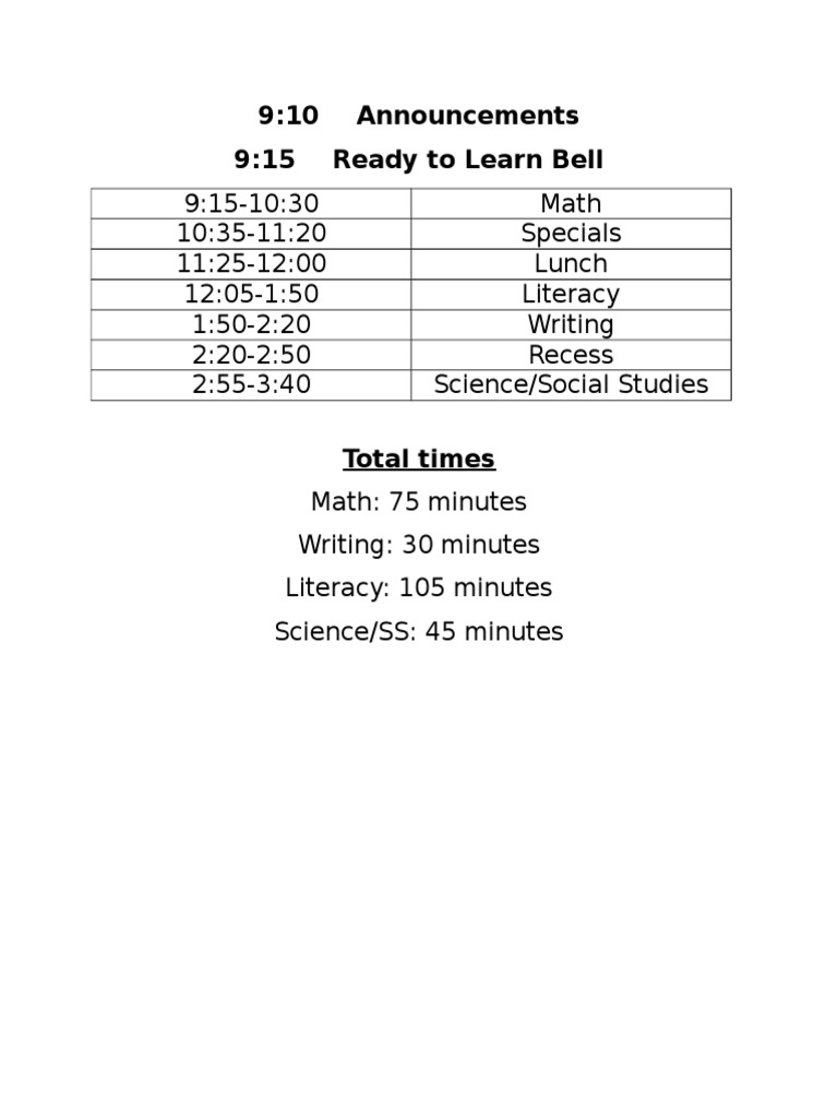 Daily Class Schedule Overview | PDF | Language Arts & Discipline