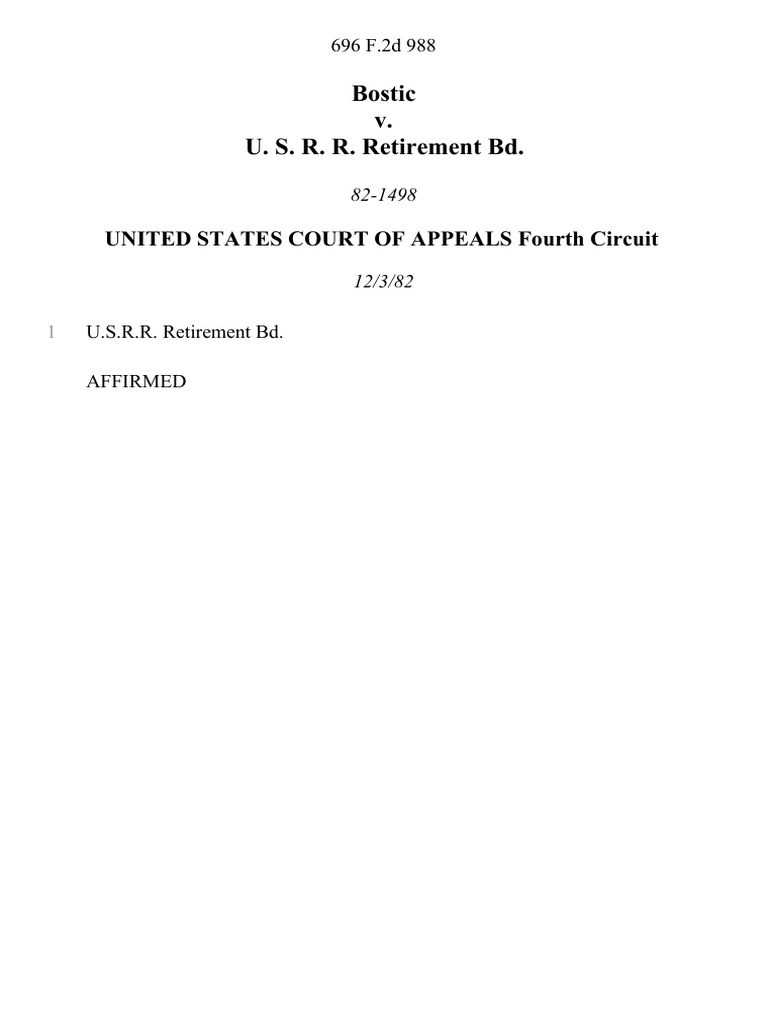 Bostic v u s r r retirement bd 696 f 2d 988 4th cir 1982 pdf