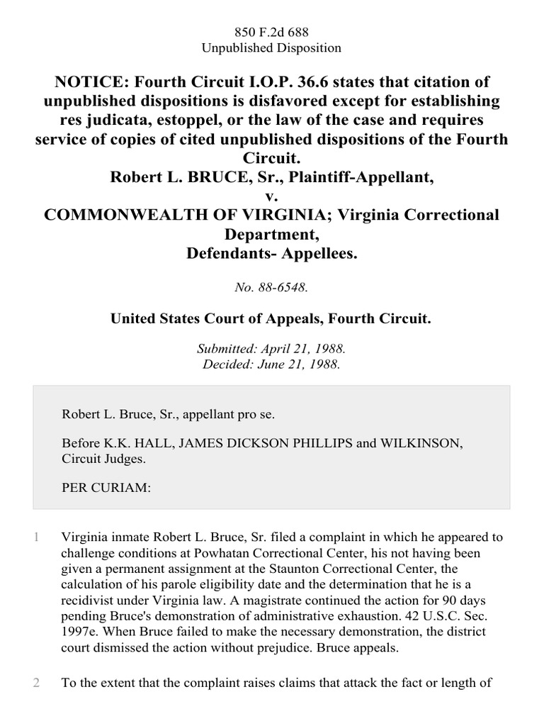 Robert L. Bruce, Sr. v. Commonwealth of Virginia Virginia Correctional ...