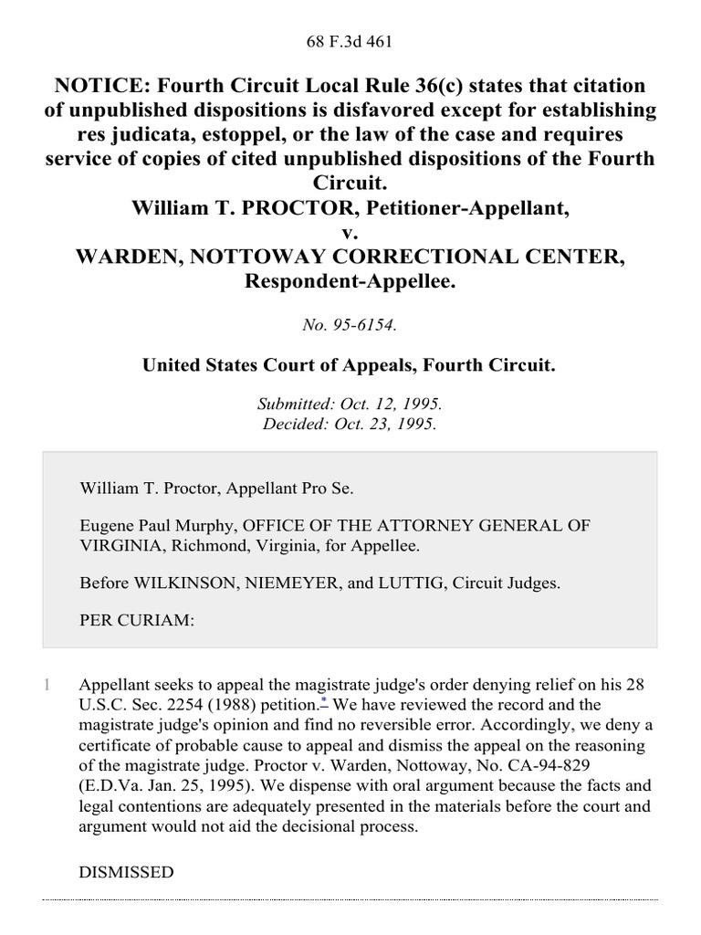 William T. Proctor v. Warden, Nottoway Correctional Center, 68 F.3d 461