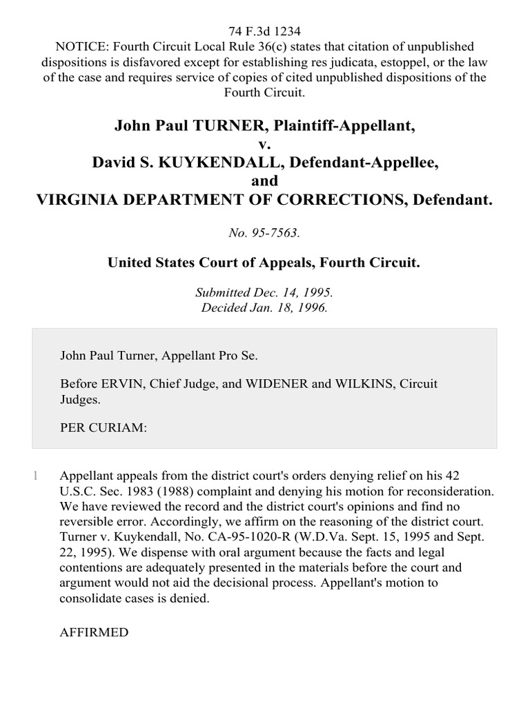 John Paul Turner v. David S. Kuykendall, and Virginia Department of Corrections, 74 F.3d 1234