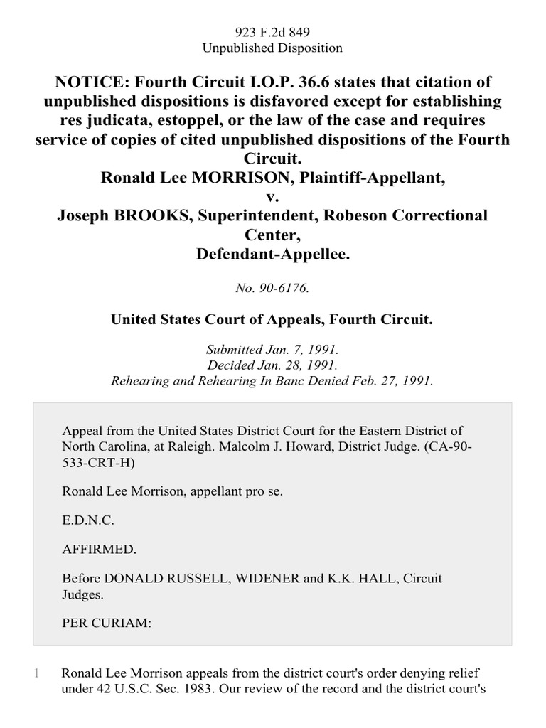 Ronald Lee Morrison v. Joseph Brooks, Superintendent, Robeson ...