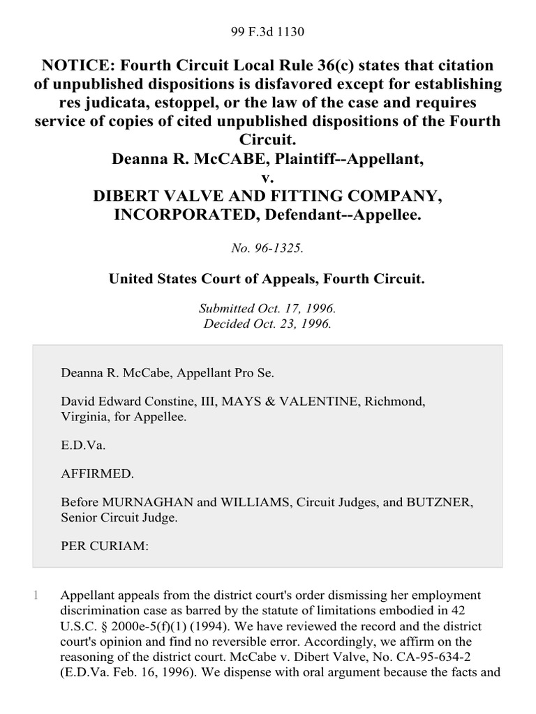 Deanna R. McCabe v. Dibert Valve and Fitting Company, Incorporated, 99