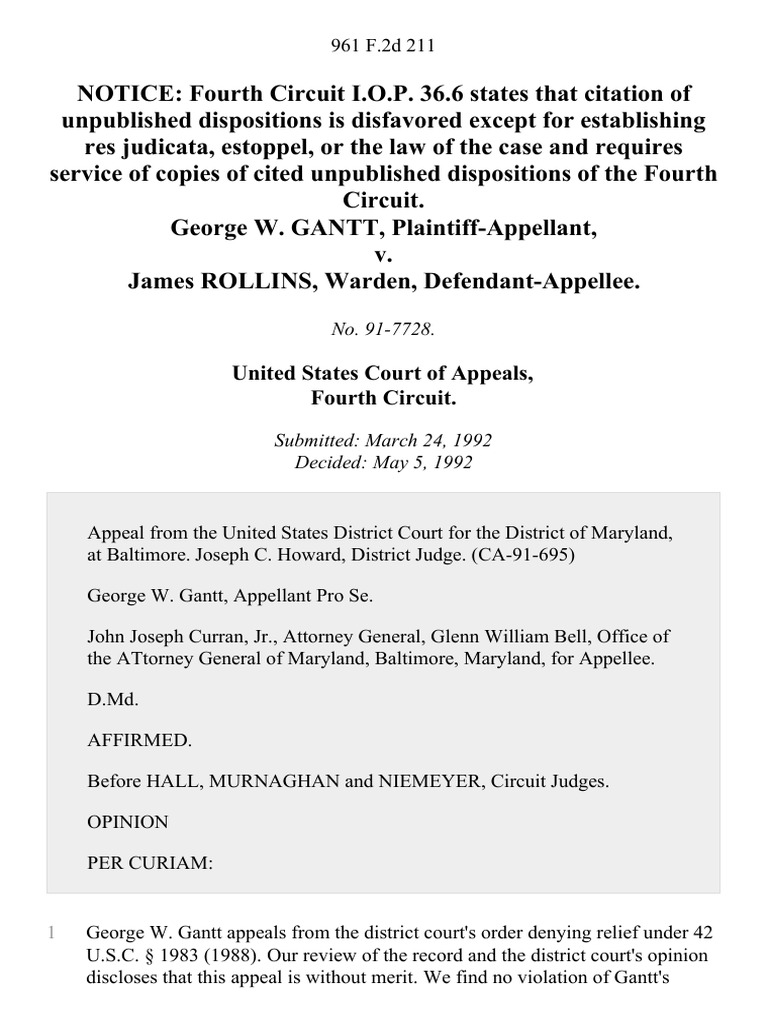 W. Gantt v. James Rollins, Warden, 961 F.2d 211, 4th Cir. (1992) PDF