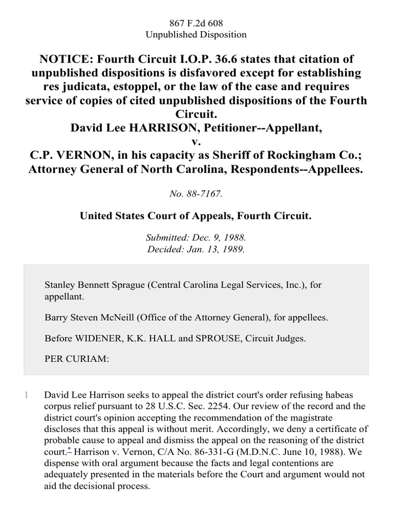 David Lee Harrison v. C.P. Vernon, in His Capacity As Sheriff of