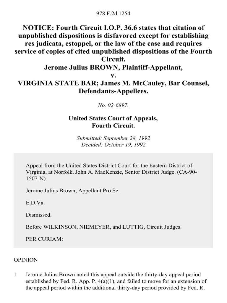Jerome Julius Brown v. Virginia State Bar James M. McCauley Bar Counsel